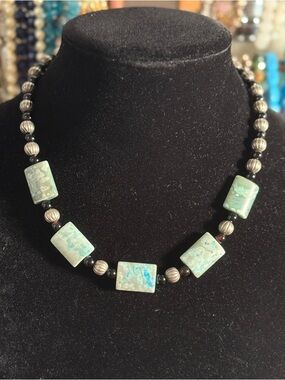 Vintage Dragon Vein Agate and Obsidian Stone Necklace